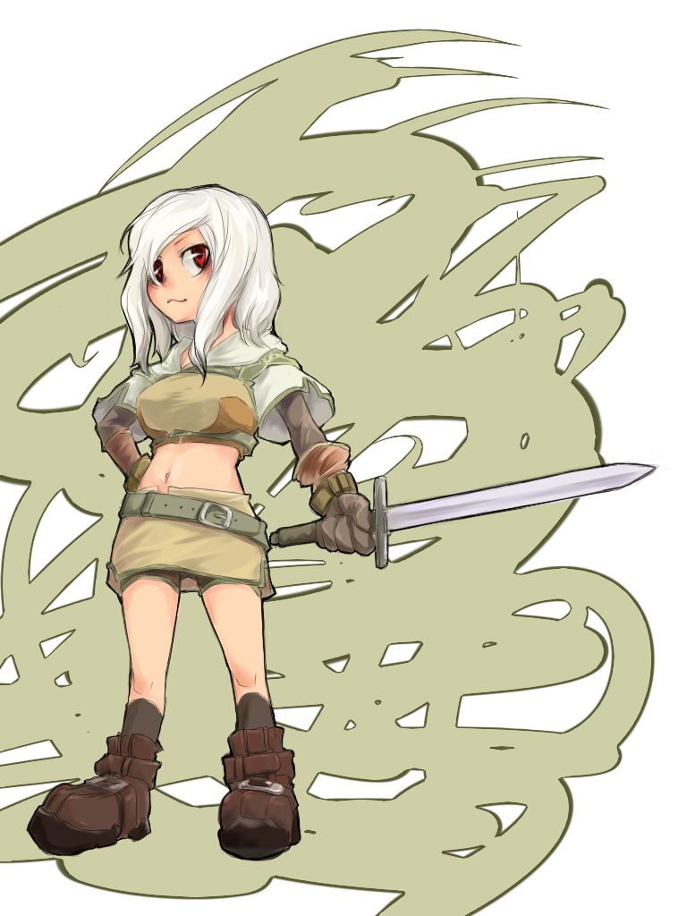 shiro (hakukosui), hunter (ragnarok online), ragnarok online, commentary request, 1girl, 2000s (style), boots, breasts, brown boots, brown gloves, brown shirt, brown shorts, brown skirt, brown socks, closed mouth, crop top, cropped jacket, elbow gloves, full body, gloves, holding, holding sword, holding weapon, jacket, looking at viewer, medium breasts, medium hair, midriff, miniskirt, navel, shirt, short sleeves, shorts, shorts under skirt, skirt, smile, socks, solo, standing, sword, weapon, white background, white hair, white jacket