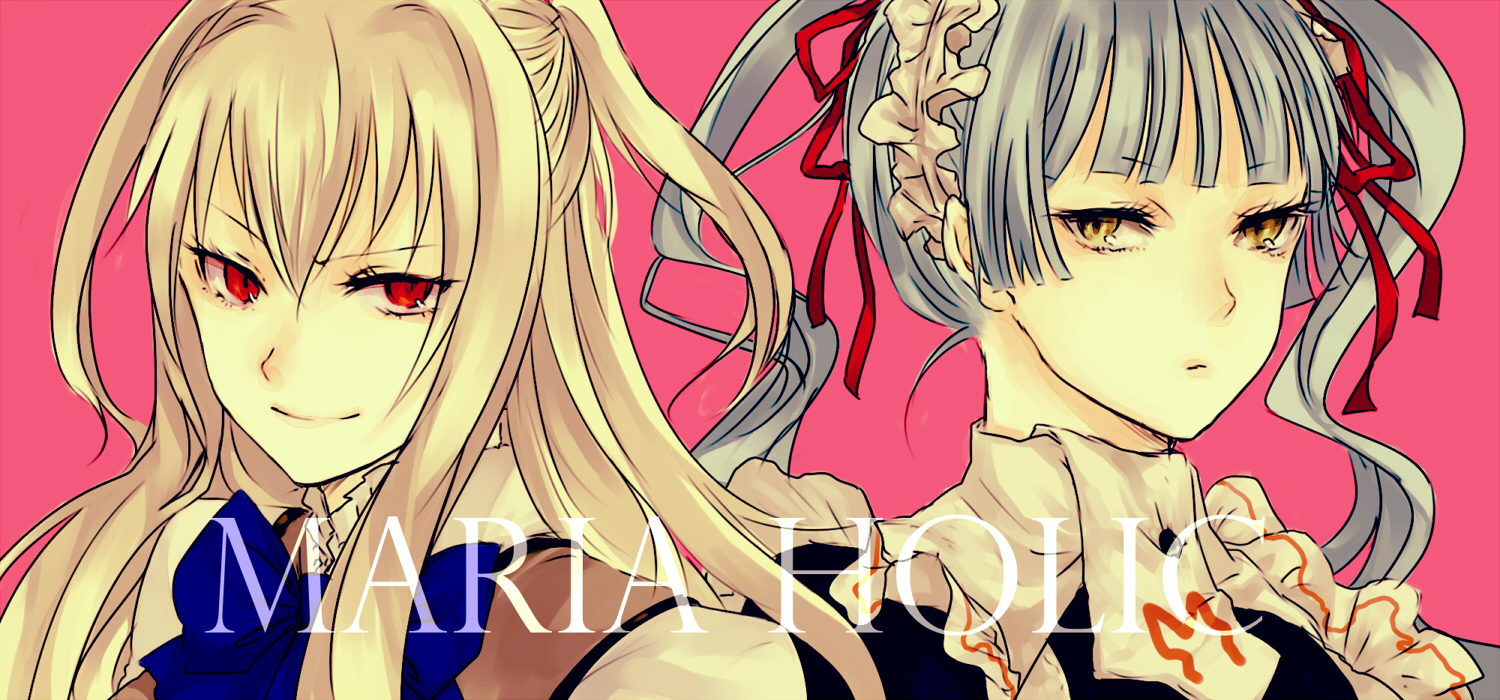 minase (mmakina), shidou mariya, shinouji matsurika, maria holic, bad id, bad pixiv id, 00s, 1boy, 1girl, androgynous, blonde hair, blue hair, crossdressing, frown, maid, red eyes, school uniform, smile, trap, twintails, yellow eyes