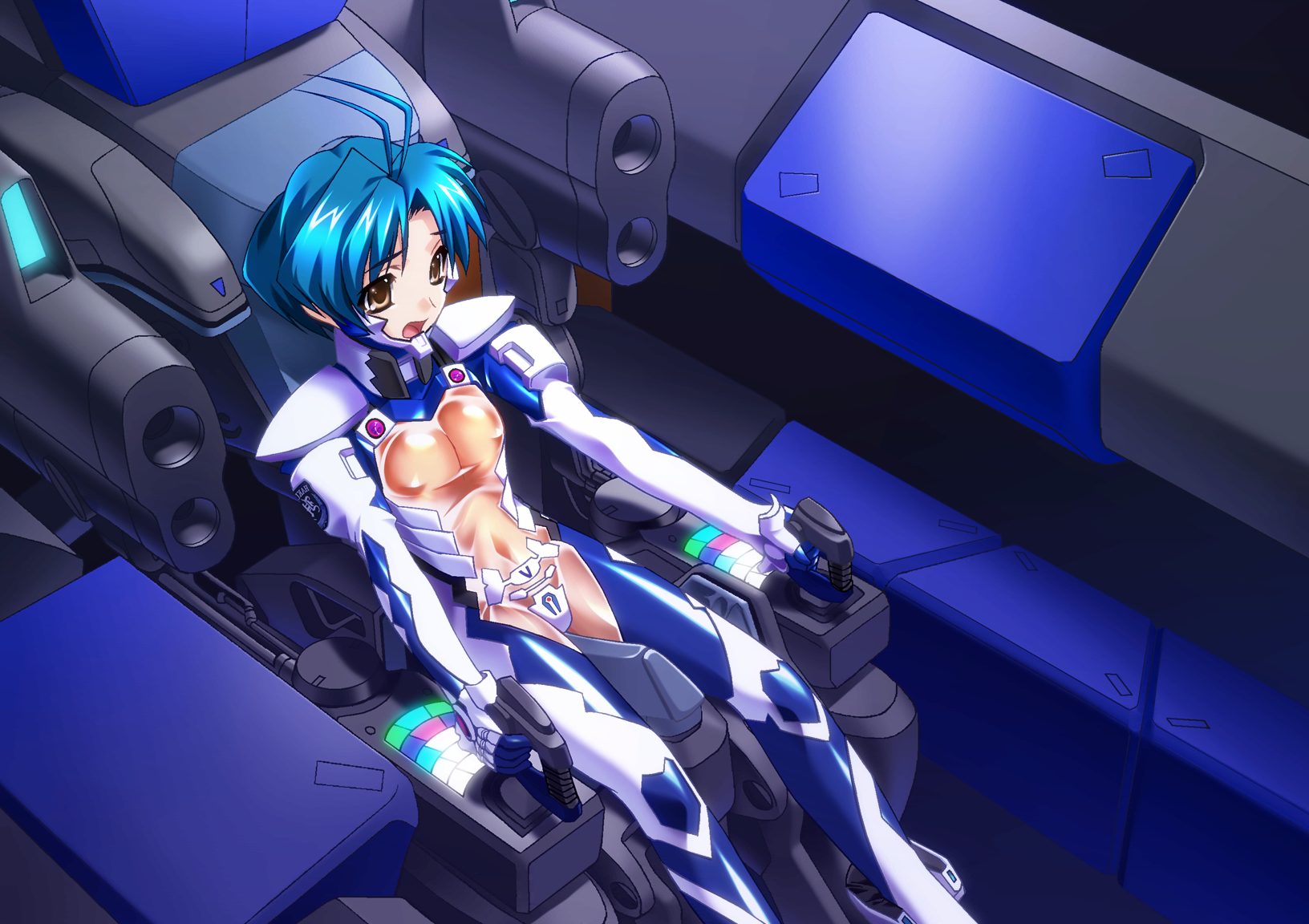 bou (inubou), yoroi mikoto, 5pb., muv-luv, pilot suit, game cg, highres, 1girl, antenna hair, blue hair, bodysuit, brown eyes, cockpit, female focus, open mouth, see-through bodysuit, see-through clothes, short hair, sitting, solo