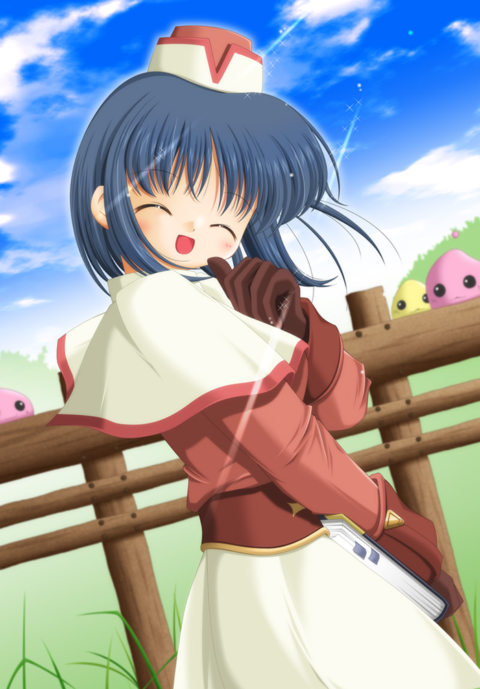 satomura tomoyuki, acolyte (ragnarok online), drops (ragnarok online), poring, ragnarok online, commentary request, 1girl, 2000s (style), :d, beretta de camera, blue hair, blue sky, book, bookmark, brown gloves, brown shirt, capelet, closed eyes, cloud, cowboy shot, day, fence, gloves, hat, holding, holding book, long sleeves, open mouth, outdoors, shirt, short hair, skirt, sky, slime (creature), smile, solo, white capelet, white hat, white skirt