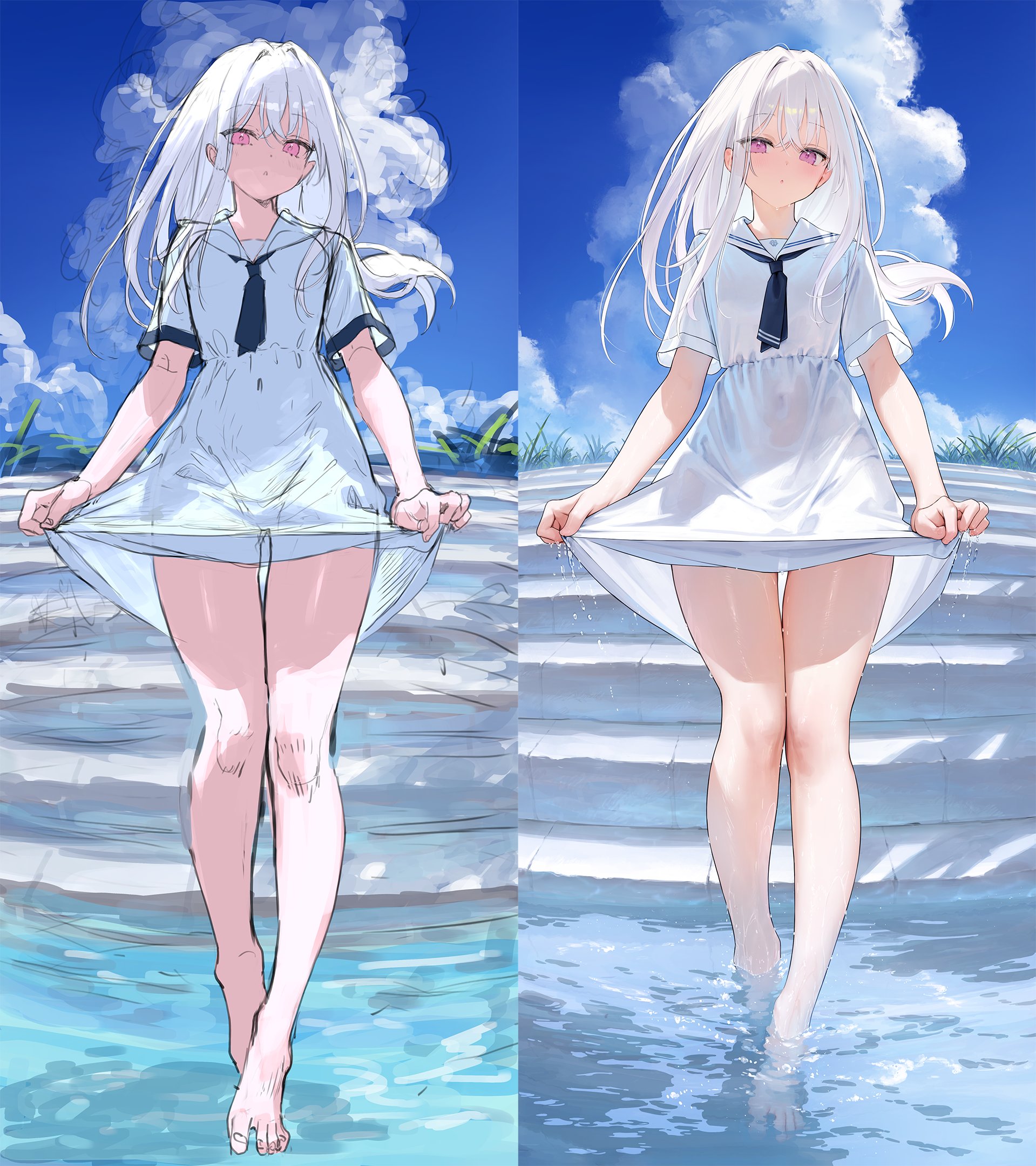 mignon, shiro (mignon), original, highres, 1girl, blush, breasts, cloud, cloudy sky, covered navel, crossed bangs, day, dress, long hair, looking at viewer, navel, open mouth, outdoors, purple eyes, ripples, sailor dress, see-through clothes, shallow water, short sleeves, sketch, skirt hold, sky, small breasts, solo, splashing, standing, standing on liquid, thighs, walking, walking on liquid, water, wet, wet clothes, white dress, white hair