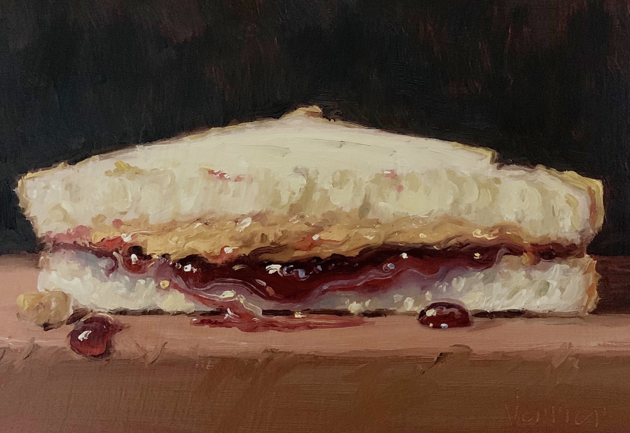 noah verrier, original, commentary, english commentary, highres, oil painting (medium), painting (medium), traditional media, bread, food, jam, no humans, peanut butter, peanut butter and jelly sandwich, sandwich, still life
