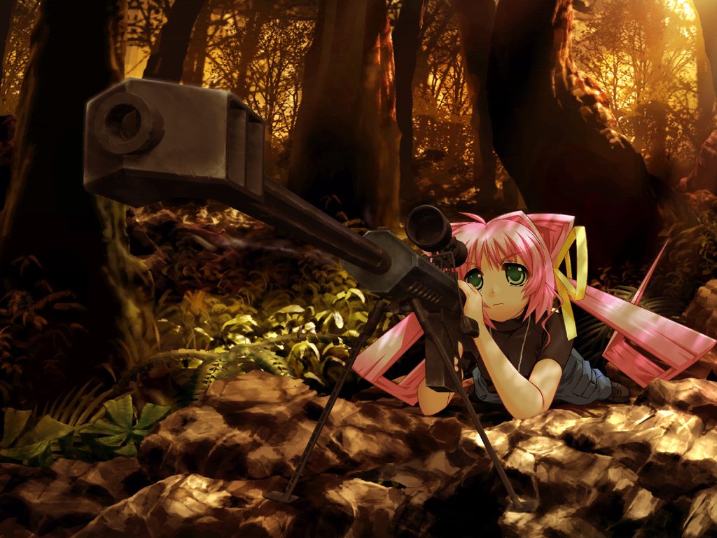 bou (inubou), tamase miki, 5pb., muv-luv, game cg, 1girl, anti-materiel rifle, barrett m82, female focus, green eyes, gun, hair ribbon, long hair, lying, nature, pink hair, ribbon, rifle, sniper rifle, solo, sunset, twintails, weapon