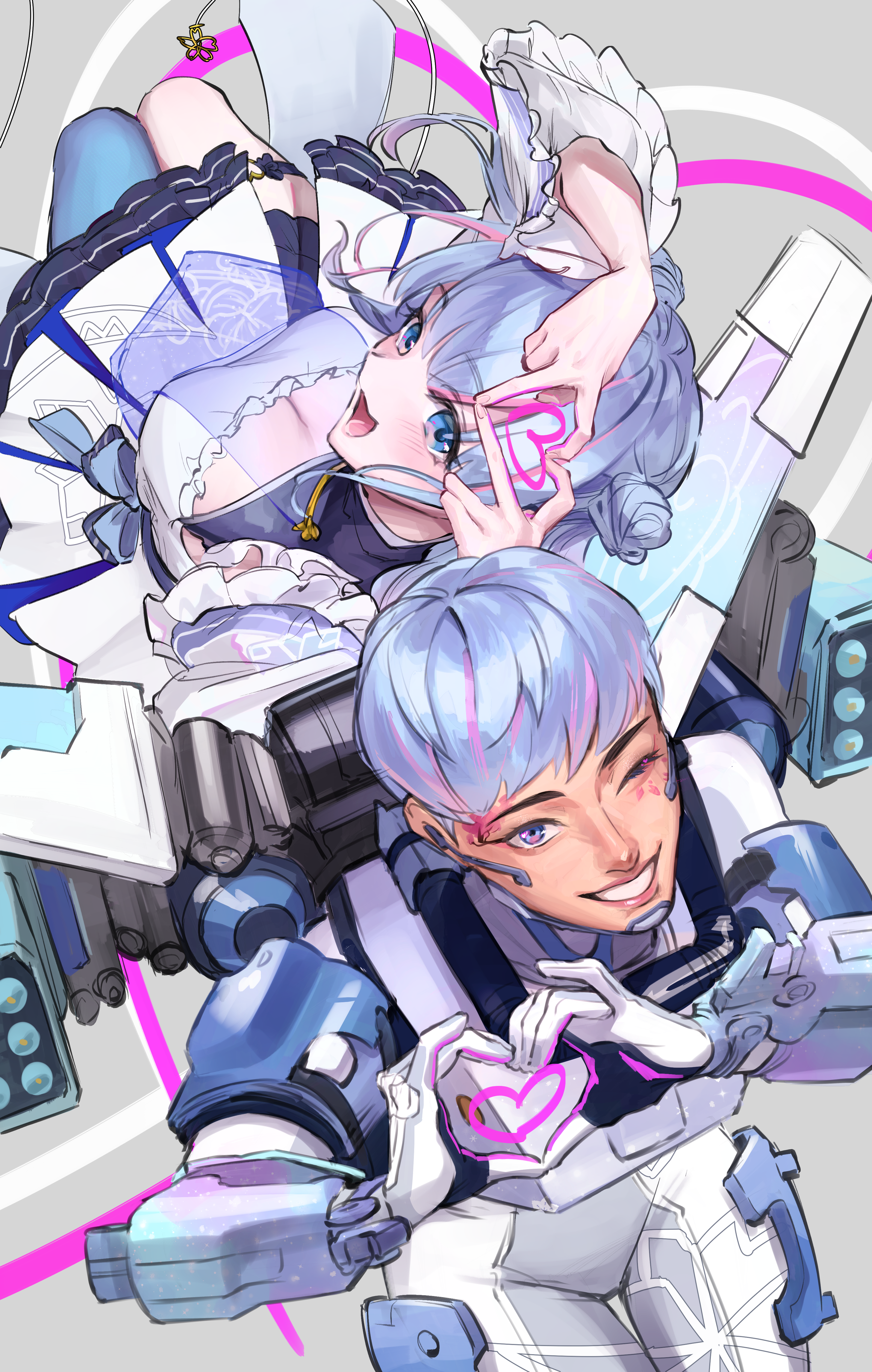 bossan 3310, aoi sakura (japanese vtuber), valkyrie (apex legends), apex legends, indie virtual youtuber, absurdres, highres, 2girls, blue eyes, blue hair, blue pantyhose, bodysuit, breasts, cleavage, double bun, dress, from above, grey background, hair bun, heart, heart hands, jetpack, looking at viewer, medium breasts, missile pod, multicolored hair, multiple girls, one eye closed, pantyhose, parted lips, pink hair, short hair, single leg pantyhose, smile, streaked hair, white bodysuit, white dress