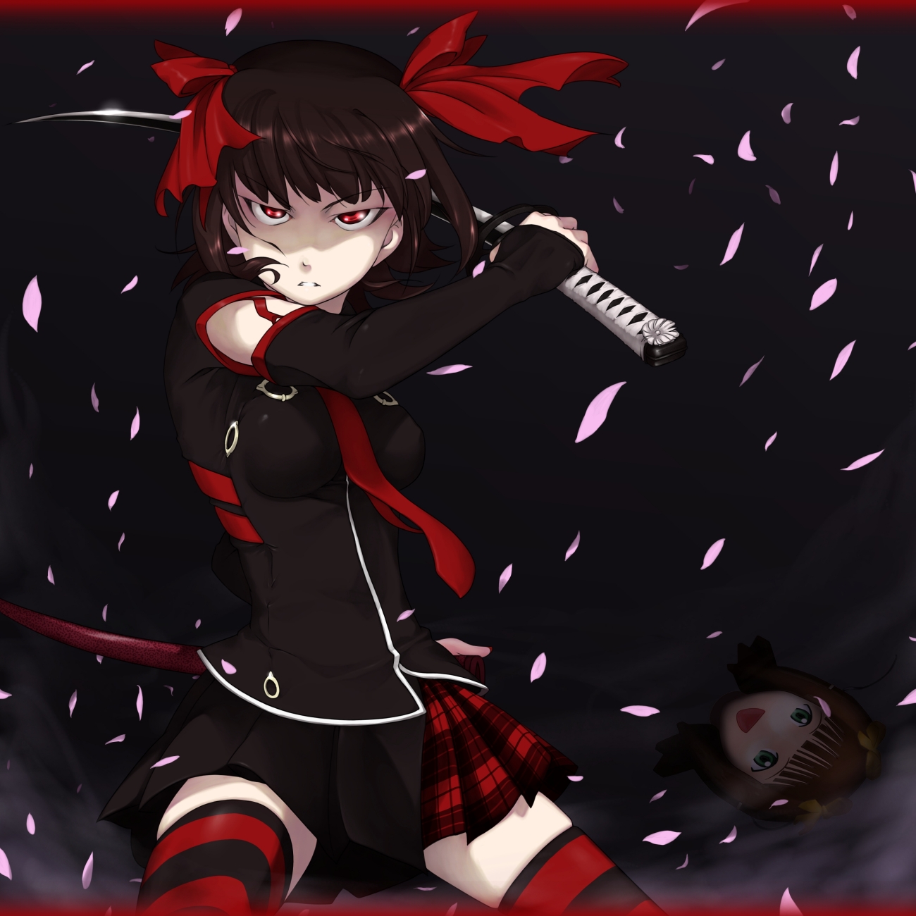 ttomm, amami haruka, dark haruka, idolmaster, idolmaster (classic), highres, 00s, 1girl, breasts, cherry blossoms, female focus, katana, punkish gothic, sheath, solo, sword, thighhighs, weapon, zettai ryouiki