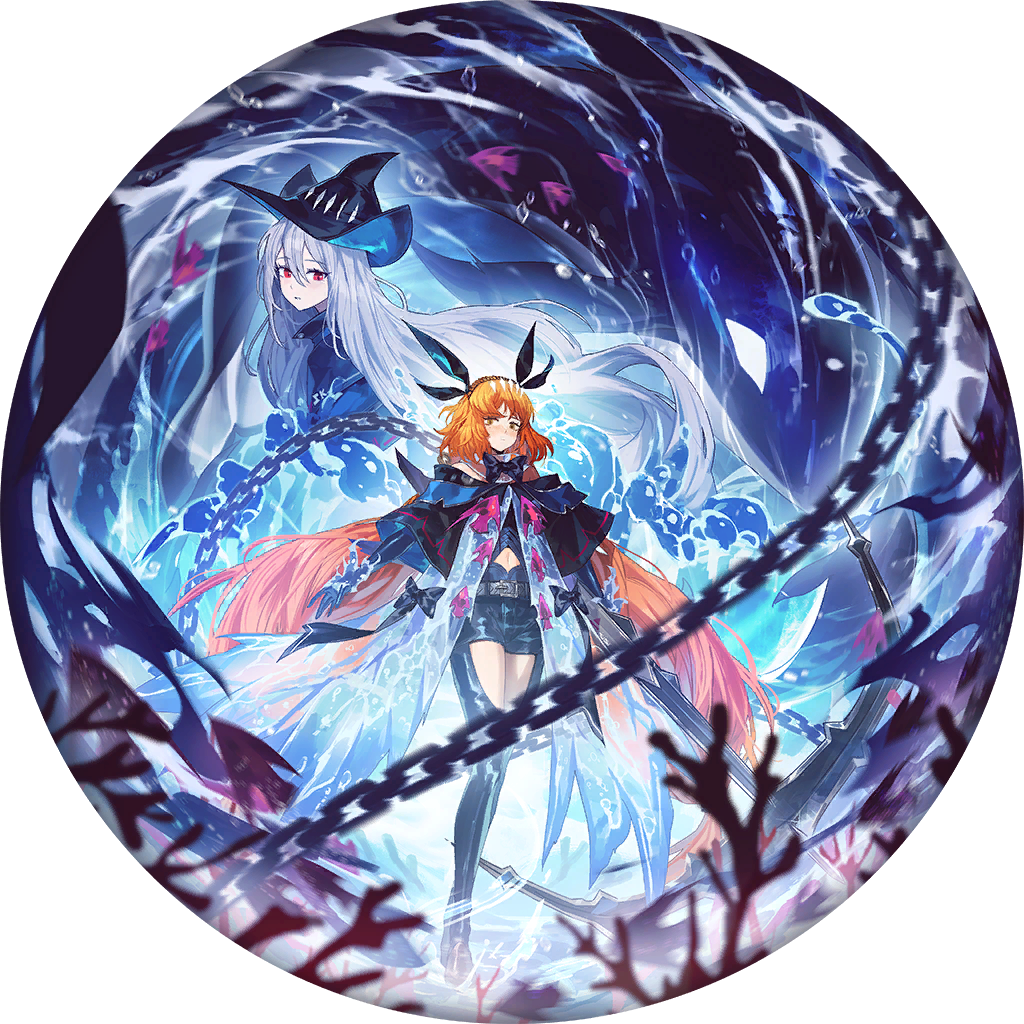 nai ga, ishmael (project moon), skadi (arknights), arknights, limbus company, project moon, clothing request, game cg, official art, 2girls, anchor, belt, black pants, bow, bowtie, chain, clothing cutout, e.g.o (project moon), grey hair, hat, headband, long hair, multiple girls, orange hair, pants, red eyes, rope, thigh cutout, tidal elegy (e.g.o), witch hat, yellow eyes