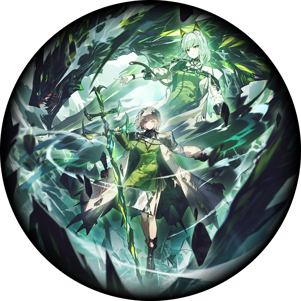 nai ga, kal'tsit (arknights), mon3tr (arknights), arknights, limbus company, project moon, game cg, official art, 2girls, animal ears, black boots, blue eyes, boots, cat ears, coat, coat on shoulders, command:meltdown (e.g.o), dress, e.g.o (project moon), green dress, green eyes, lab coat, multiple girls, necktie, shirt, sword, weapon, white hair, white shirt, yellow necktie, zweihander