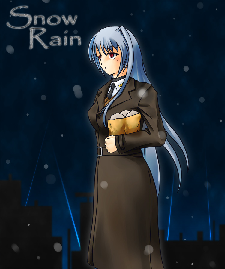 frey (sylphied), reinforce, lyrical nanoha, mahou shoujo lyrical nanoha, mahou shoujo lyrical nanoha a's, silver hair, 00s, bag, black necktie, blush, coat, long hair, necktie, paper bag, red eyes, snowing, solo, trench coat