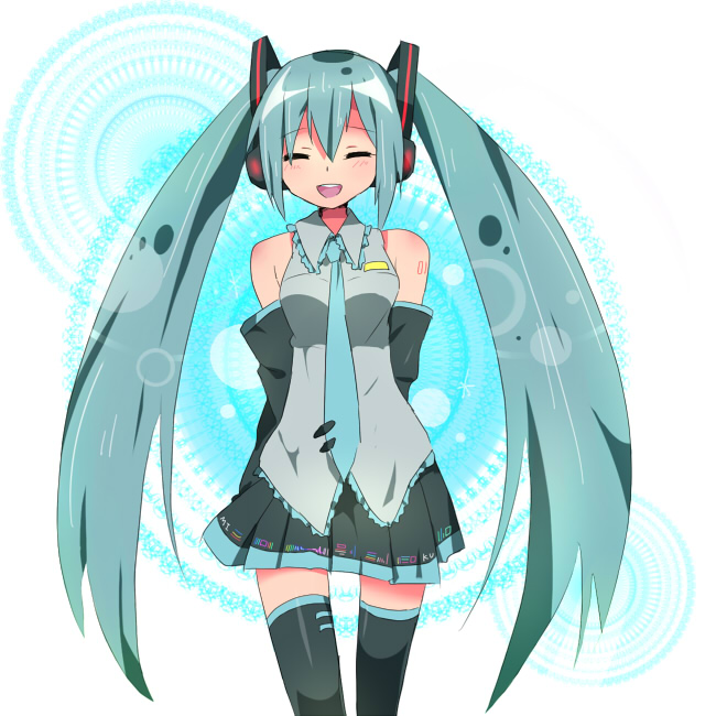 uiko, hatsune miku, vocaloid, bad id, bad pixiv id, arms behind back, closed eyes, long hair, smile, solo, thighhighs, twintails, very long hair, zettai ryouiki
