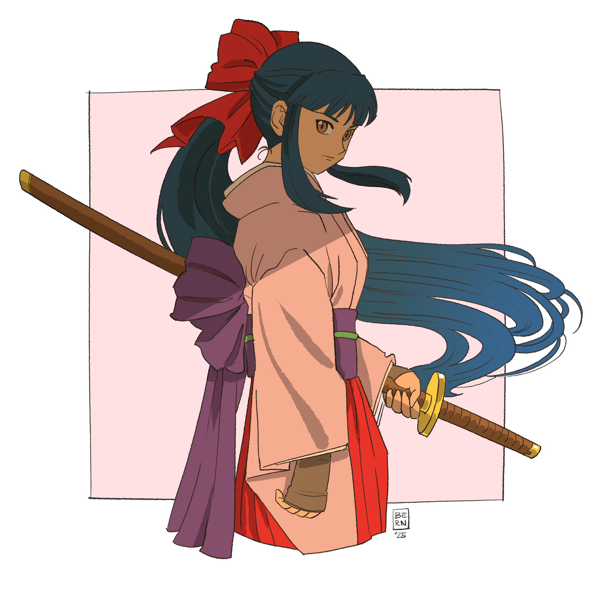shinguuji sakura, sakura taisen, sega, highres, 1girl, artist name, blue hair, bow, breasts, brown eyes, fingerless gloves, from side, gloves, hair ribbon, japanese clothes, legs, long hair, long skirt, looking at viewer, medium breasts, ponytail, red bow, ribbon, serious, shaded face, skirt, solo, sword, thighs, weapon