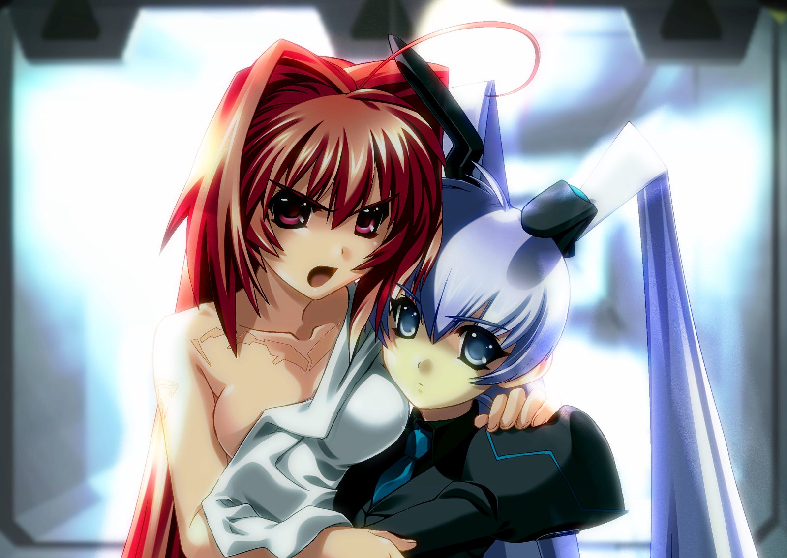 bou (inubou), kagami sumika, yashiro kasumi, 5pb., muv-luv, muv-luv alternative, duplicate, game cg, highres, 2girls, ahoge, blue eyes, blue hair, hug, long hair, multiple girls, open mouth, pink eyes, red hair, twintails