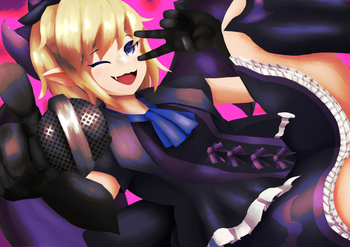 solitus amoeba, nina (shrift), mon-musu quest!, mon-musu quest: paradox, shrift, blonde hair, blue eyes, blue ribbon, fang, microphone, purple ribbon, ribbon, smile, tongue