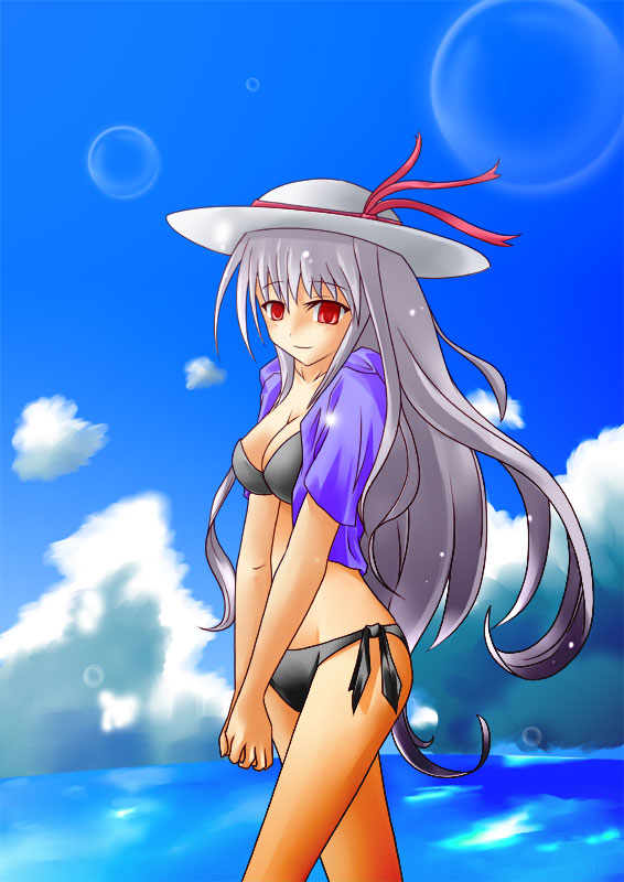 frey (sylphied), reinforce, lyrical nanoha, mahou shoujo lyrical nanoha, mahou shoujo lyrical nanoha a's, silver hair, 00s, bikini, blush, day, grey bikini, hat, jacket, long hair, ocean, red eyes, side-tie bikini bottom, solo, swimsuit