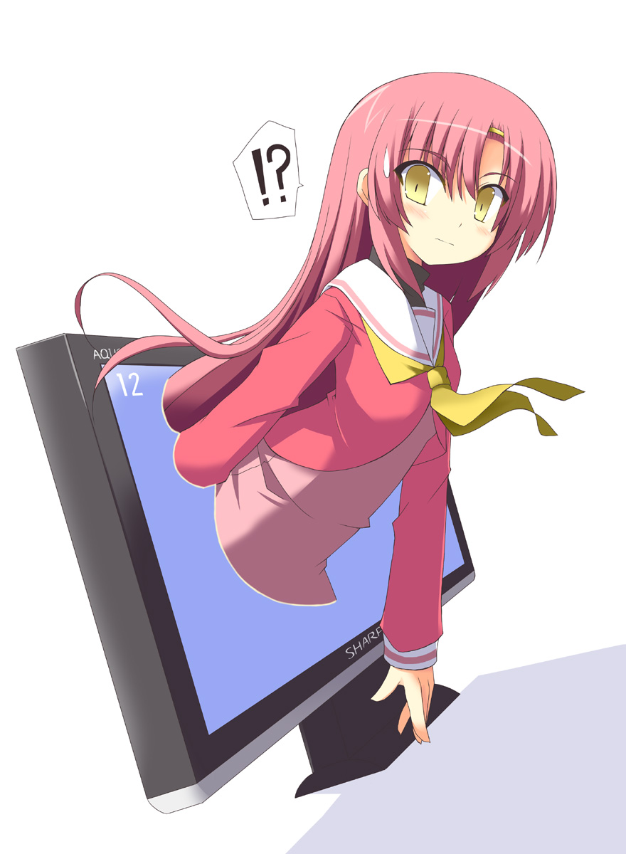 kugui kiyunemu, katsura hinagiku, atlus, hayate no gotoku!, persona, persona 4, highres, !?, 1girl, blush, female focus, monitor, parody, solo, through medium, through screen