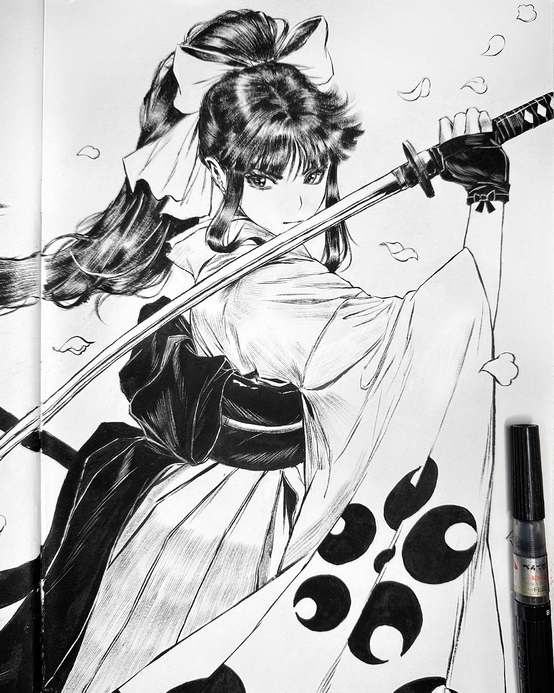 shinguuji sakura, sakura taisen, sega, highres, traditional media, 1girl, arm up, ass, black hair, cherry blossoms, fighting stance, fingerless gloves, gloves, hair ribbon, japanese clothes, legs, long hair, long skirt, monochrome, ponytail, ribbon, serious, sketch, skirt, solo, sword, thighs, weapon