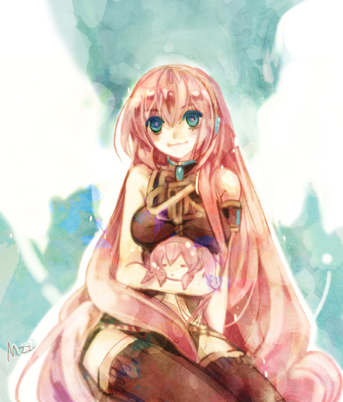 mozzang, mzz, megurine luka, takoluka, vocaloid, bad id, bad pixiv id, 1girl, artistic error, female focus, long hair, pink hair, solo, thighhighs, very long hair
