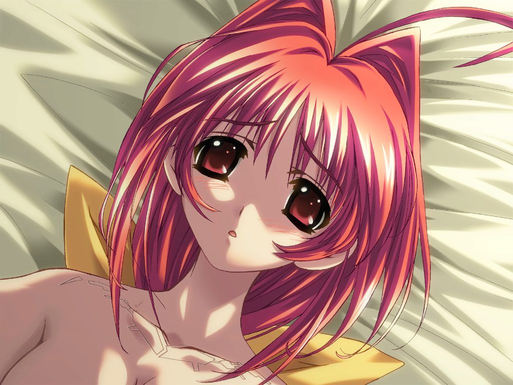 bou (inubou), kagami sumika, 5pb., muv-luv, muv-luv alternative, game cg, 00unit, 1girl, ahoge, bed, blush, female focus, lying, matching hair/eyes, on back, red eyes, red hair, solo