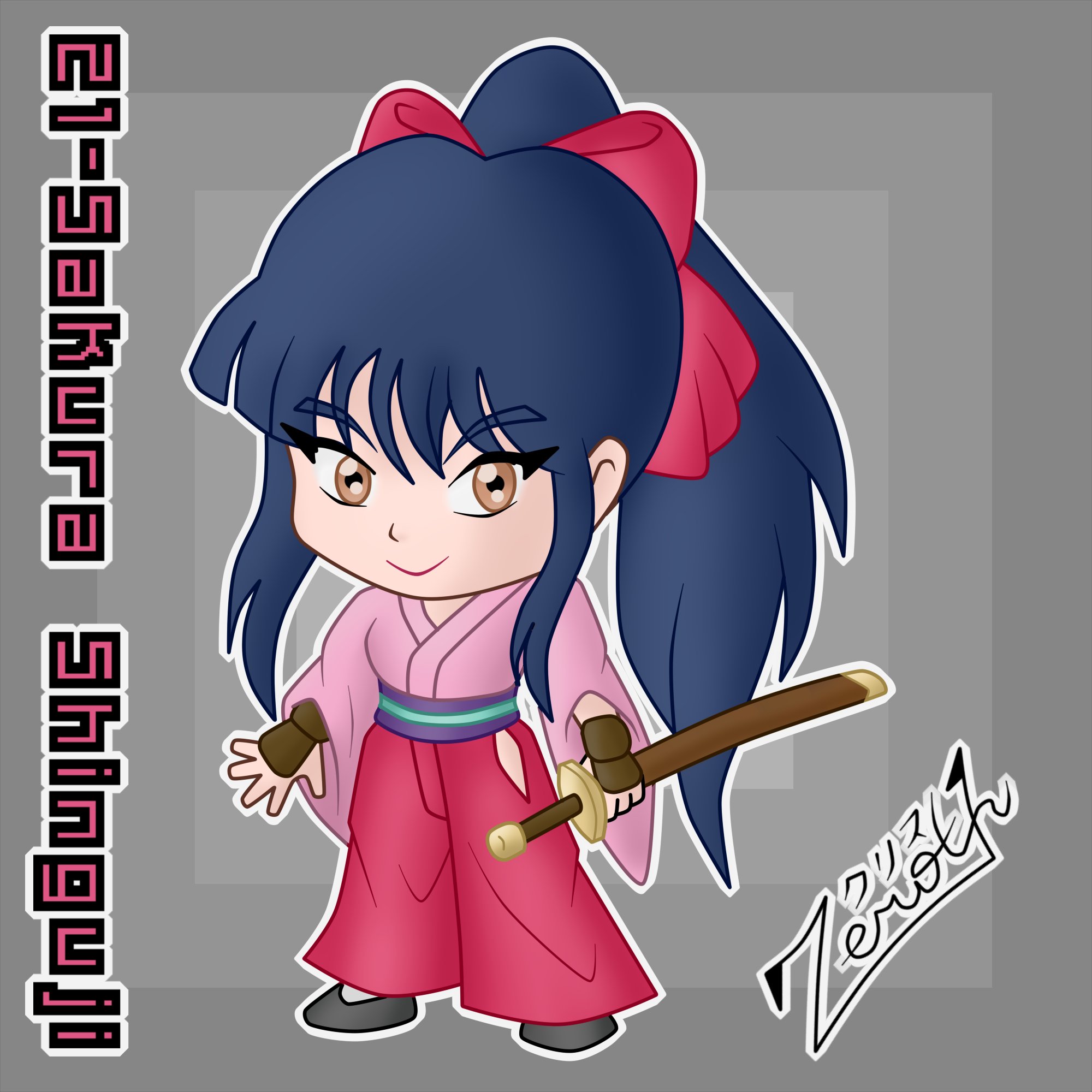 shinguuji sakura, sakura taisen, sega, highres, 1girl, artist name, blue hair, bow, breasts, character name, chibi, fingerless gloves, gloves, hair ribbon, japanese clothes, legs, long hair, long skirt, looking at viewer, medium breasts, pink lips, ponytail, red bow, ribbon, skirt, solo, sword, thighs, weapon