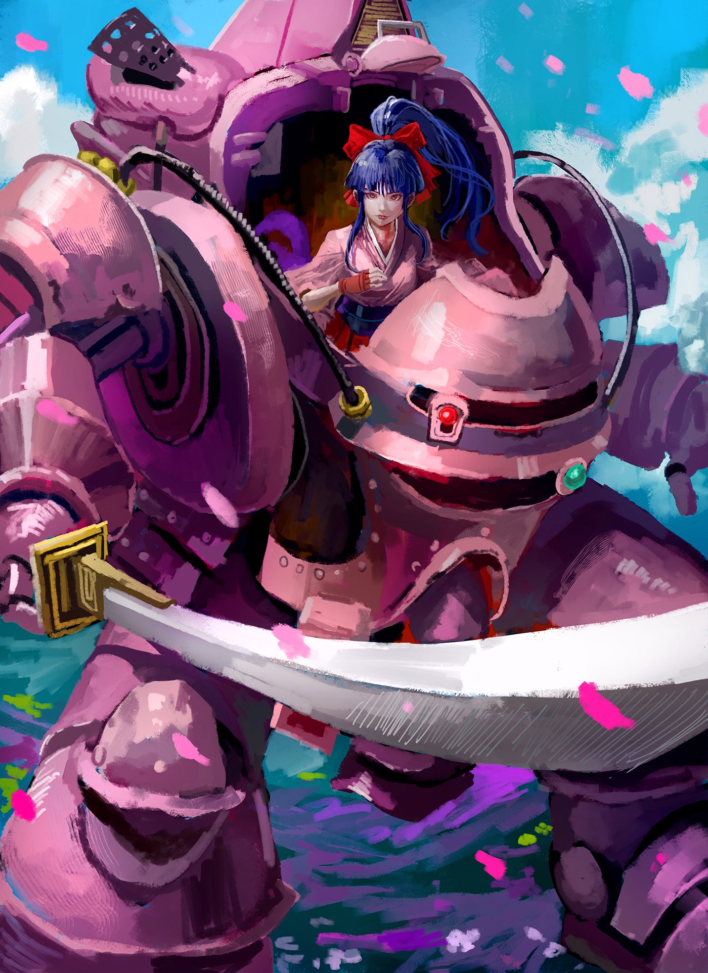 koubu, shinguuji sakura, sakura taisen, sega, highres, 1girl, blue hair, bow, breasts, brown eyes, cherry blossoms, fingerless gloves, gloves, hair ribbon, hand on own chest, japanese clothes, legs, long hair, long skirt, mecha, medium breasts, ponytail, realistic, red bow, red lips, ribbon, robot, skirt, solo, sword, thighs, weapon