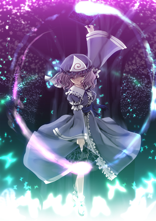 yukizuki chikuba, saigyouji yuyuko, touhou, 1girl, bug, butterfly, dancing, expressionless, female focus, floating, folding fan, glowing, hand fan, hat, japanese clothes, kimono, paper fan, pink eyes, pink hair, short hair, solo, tree
