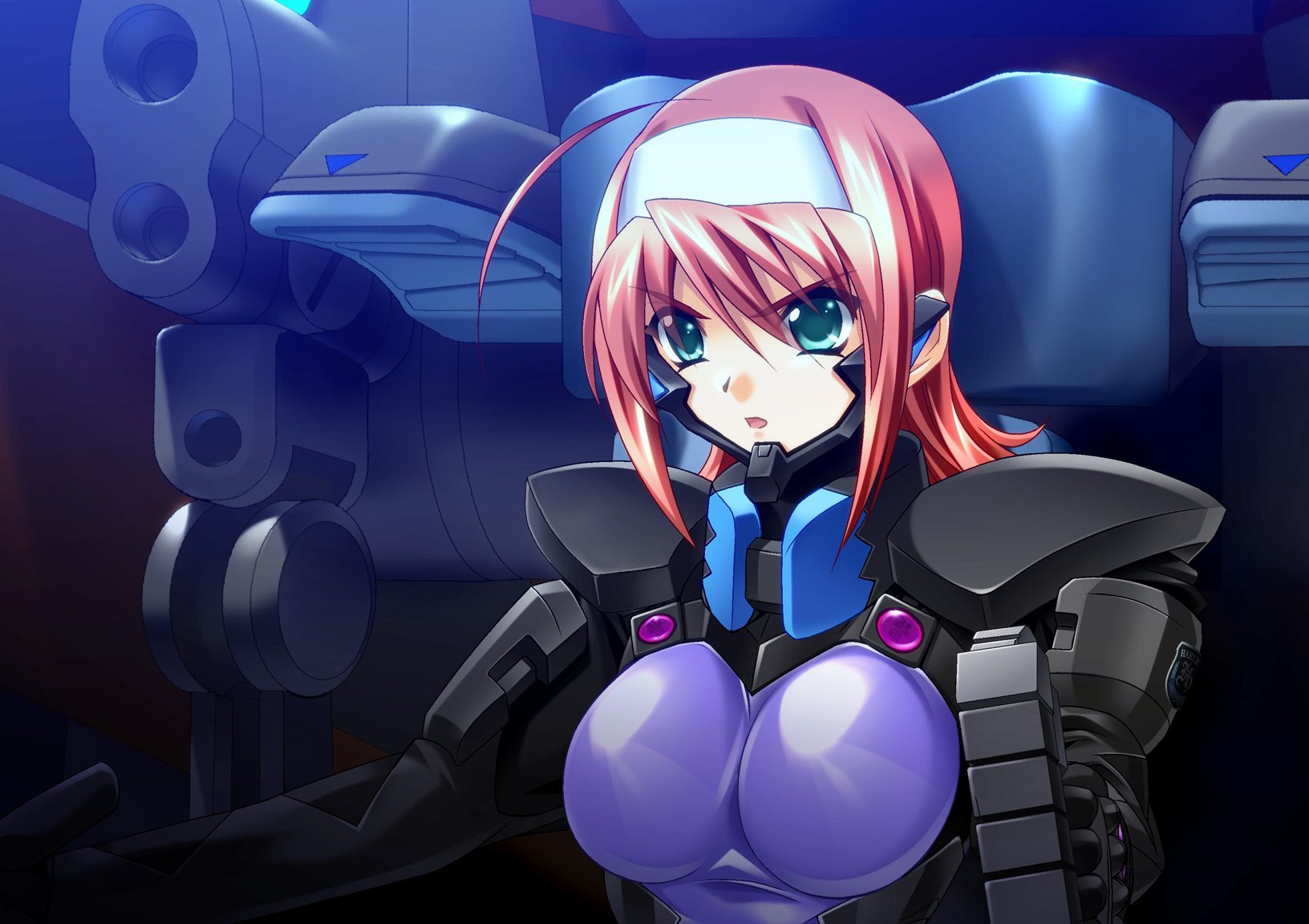 bou (inubou), suzumiya akane, 5pb., muv-luv, muv-luv alternative, pilot suit, game cg, highres, >:o, 1girl, :o, ahoge, angry, armor, bodysuit, breasts, cockpit, female focus, fortified suit, gloves, green eyes, hair between eyes, hairband, large breasts, looking to the side, mecha pilot suit, open mouth, purple bodysuit, red hair, skin tight, solo, v-shaped eyebrows