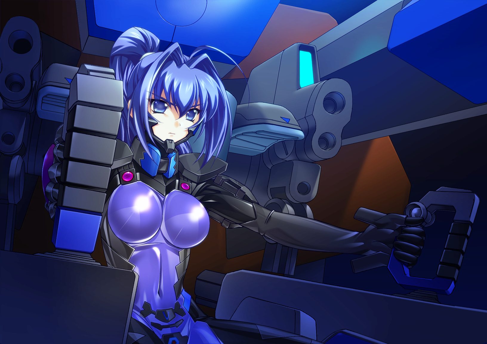 bou (inubou), hayase mitsuki, 5pb., muv-luv, muv-luv alternative, pilot suit, game cg, highres, 1girl, blue eyes, blue hair, bodysuit, breasts, cockpit, female focus, fortified suit, large breasts, long hair, matching hair/eyes, mecha, mecha pilot suit, ponytail, purple bodysuit, robot, sitting, solo