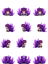 daji (mon-musu quest!), daji (shrift), mon-musu quest!, mon-musu quest: paradox, shrift, kitsune, kyuubi, multiple tails, purple fur, purple hair, sprite, tail, yellow eyes