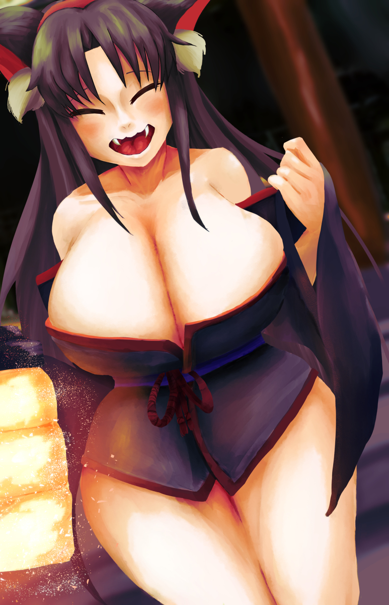 solitus amoeba, yami (shrift), shrift, highres, animal ears, breasts, cat ears, cat girl, closed eyes, fangs, japanese lanterns, large breasts, thick thighs, thighs, tongue