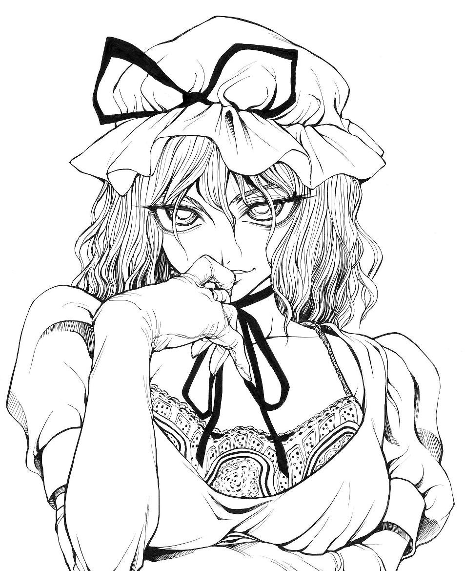 uousa-ou, yakumo yukari, touhou, bad id, bad pixiv id, 1girl, elbow gloves, female focus, gloves, greyscale, monochrome, solo