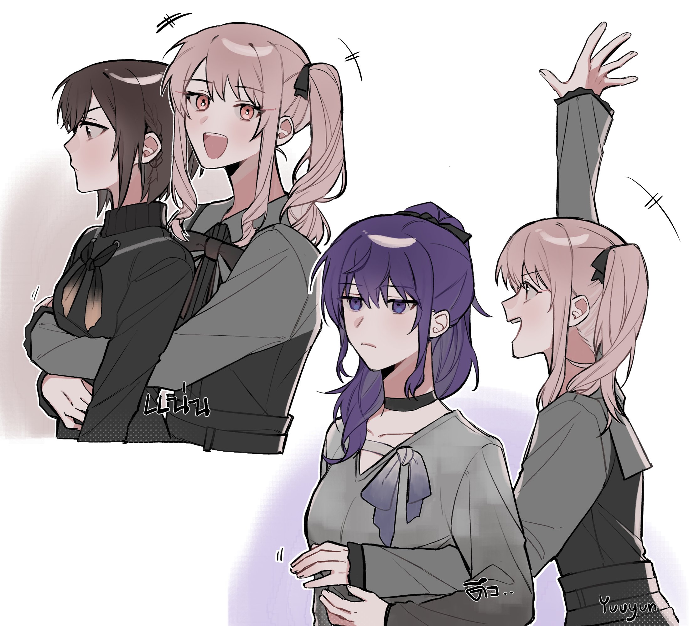haruka 3442, akiyama mizuki, asahina mafuyu, shinonome ena, project sekai, commentary, highres, symbol-only commentary, +++, 1other, 2girls, androgynous, arm up, black choker, blush, bob cut, breasts, brown eyes, choker, closed mouth, hair over shoulder, high ponytail, hug, hug from behind, long hair, long sleeves, multiple girls, outstretched hand, pink eyes, pink hair, ponytail, purple eyes, purple hair, short hair, side ponytail, sidelocks, sweater, turtleneck, turtleneck sweater, upper body