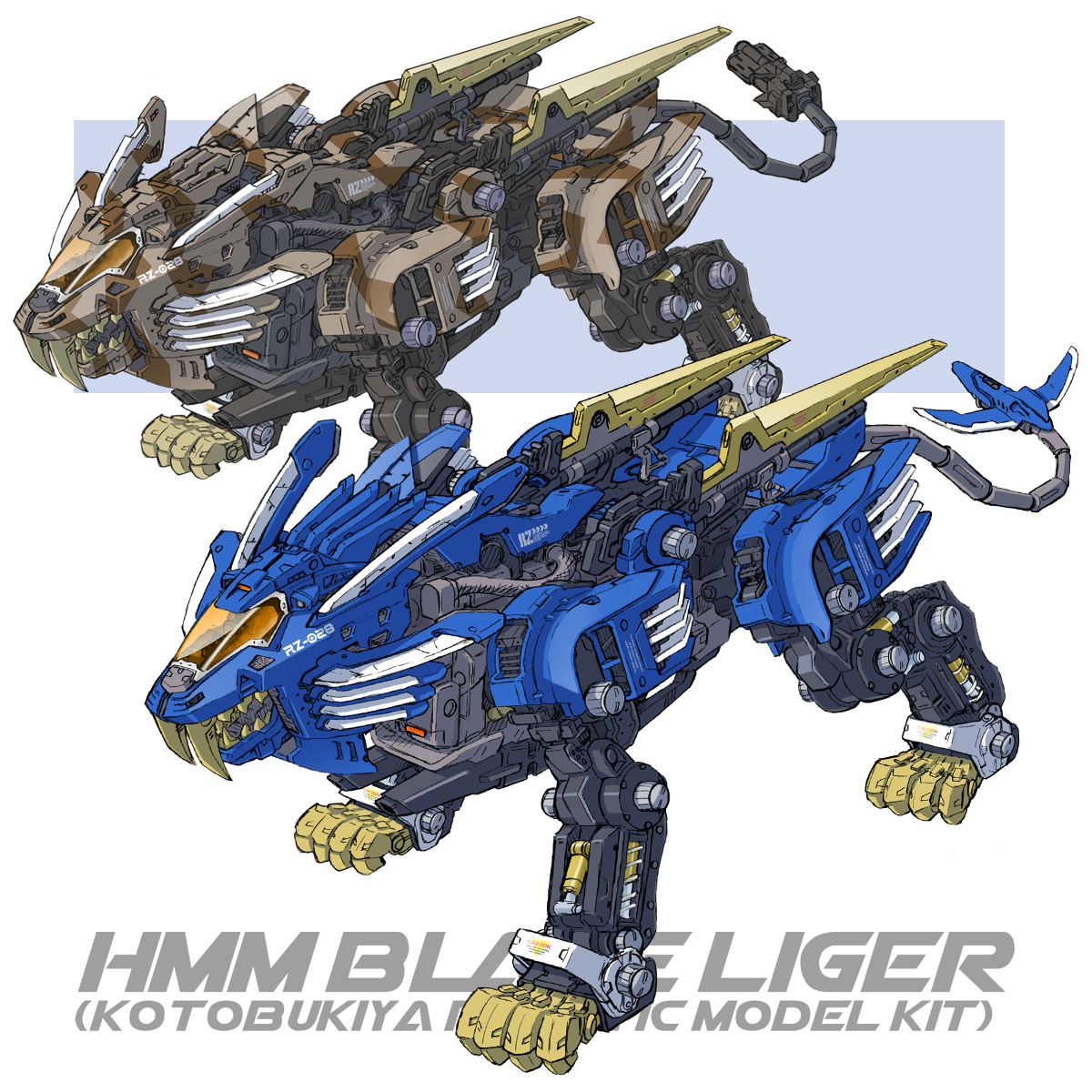 katahira masashi, blade liger, zoids, blade, highres, claws, fangs, lion, mecha, no humans, robot, simple background, tail, teeth