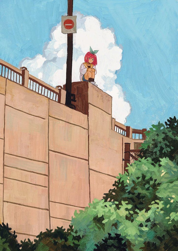 sapgoon, aubrey (faraway) (omori), aubrey (omori), omori, 1girl, black socks, blue shorts, blue sky, boots, bow hairband, chain-link fence, closed mouth, cloud, day, denim, denim shorts, expressionless, fence, green eyes, hairband, long hair, looking at viewer, outdoors, pink hair, railing, shorts, sitting, sky, socks, solo, tree, white boots
