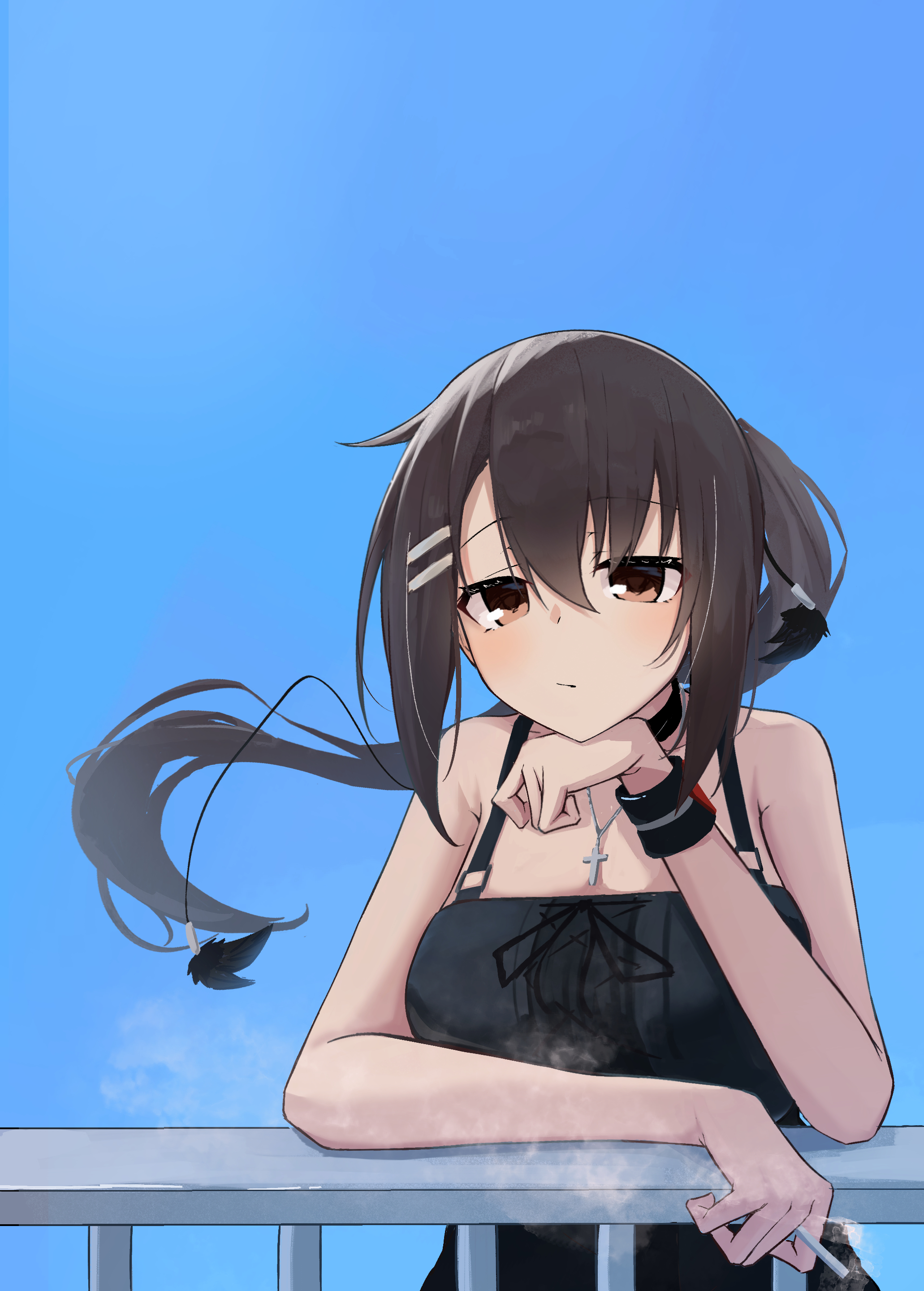 takoyaki032002, minakami yuki, subarashiki hibi, absurdres, highres, 1girl, :/, against railing, arm rest, bare arms, bare shoulders, between fingers, black choker, black dress, black ribbon, black wrist cuffs, blue background, blue sky, bored, breast rest, breasts, brown eyes, brown hair, choker, cigarette, closed mouth, cross, cross necklace, day, dress, elbow rest, expressionless, floating hair, goth fashion, hair between eyes, hair ornament, hairclip, hand on own chin, head rest, holding, holding cigarette, jewelry, large breasts, latin cross, long hair, necklace, outdoors, parallel hairclips, ponytail, railing, ribbon, side ahoge, sidelocks, single wrist cuff, sky, sleeveless, sleeveless dress, smoke, solo, suspenders, upper body, wrist cuffs