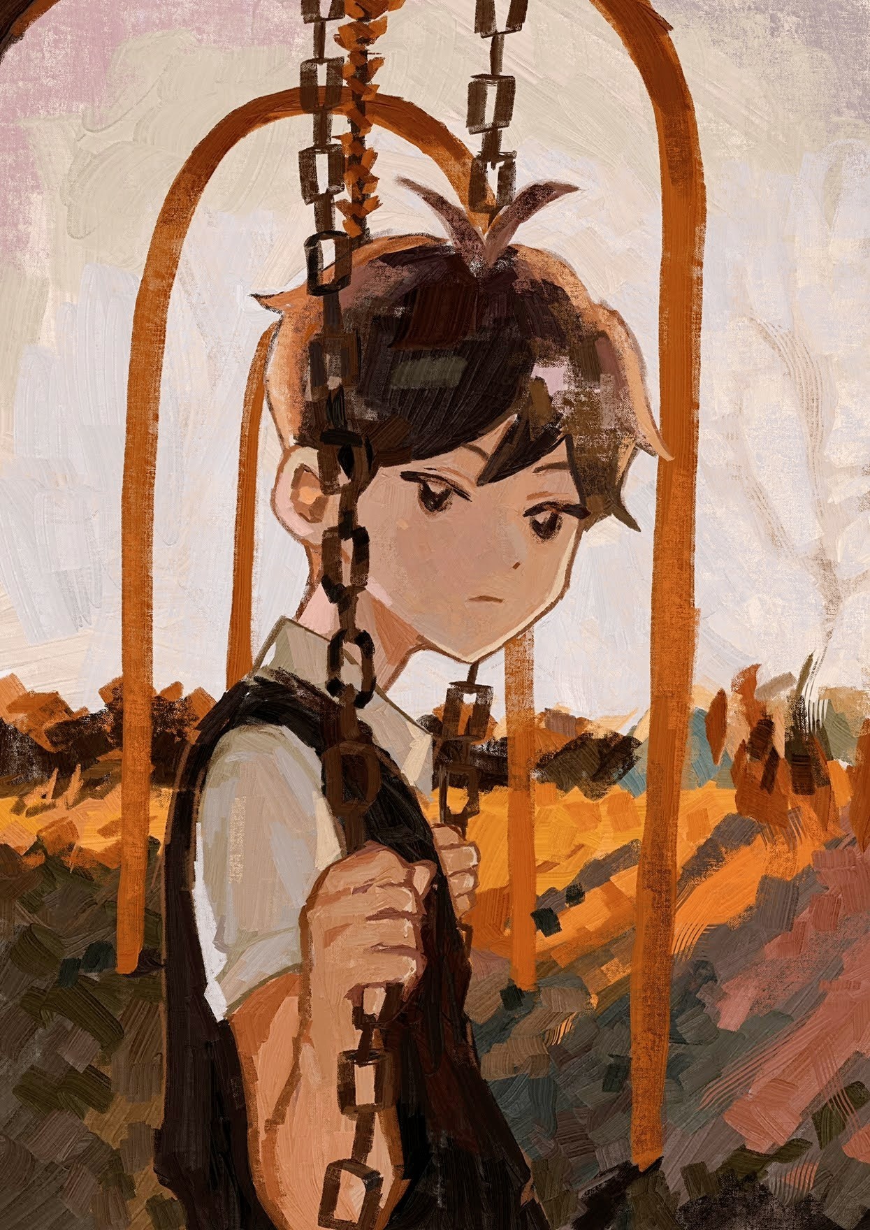 sapgoon, sunny (omori), omori, highres, 1boy, antenna hair, bare tree, black eyes, black hair, black sweater vest, chain, cloud, cloudy sky, collared shirt, double-parted bangs, grass, hair behind ear, hair between eyes, hands up, looking at viewer, male focus, on swing, outdoors, painterly, shirt, short hair, short sleeves, sky, solo, sweater vest, swing, swing set, tree, upper body, white shirt