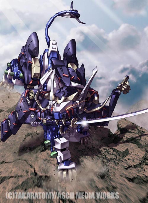 mercy rabbit, liger blue souga, liger zero, zoids, zoids genesis, zoids shinseiki/zero, 00s, armor, claws, cloud, day, dust, glowing, glowing eyes, japanese armor, katana, lion, mecha, no humans, robot, running, solo, sword, tail, teeth, watermark, weapon