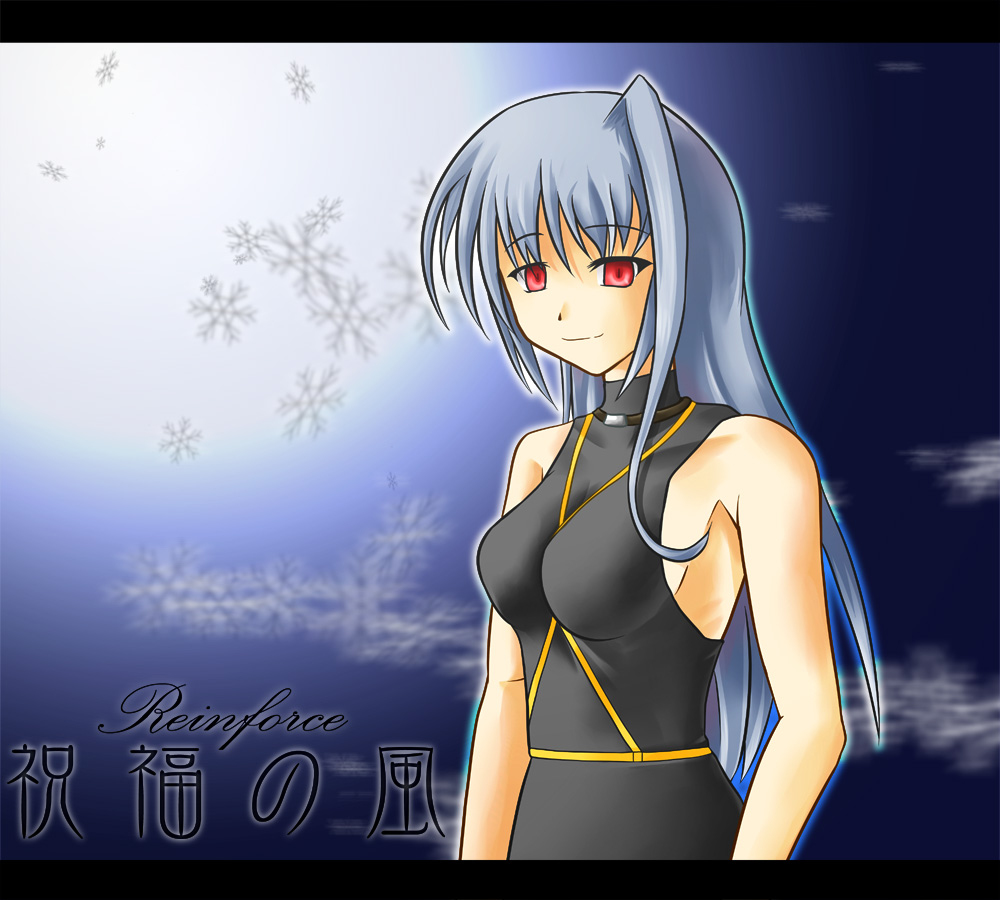frey (sylphied), reinforce, lyrical nanoha, mahou shoujo lyrical nanoha, mahou shoujo lyrical nanoha a's, silver hair, translation request, 00s, long hair, red eyes, single hair intake, smile, snow, solo
