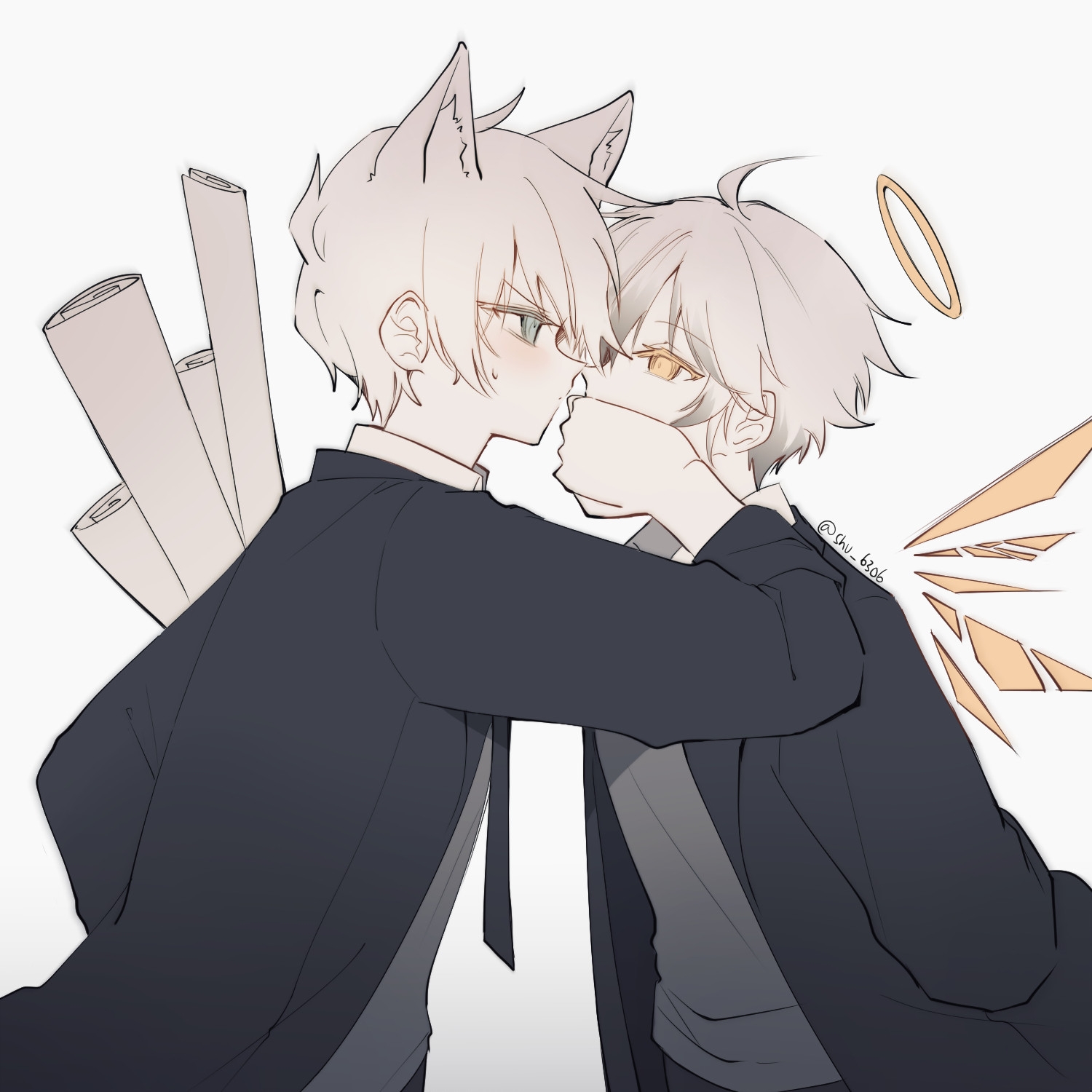 pushu, adnachiel (arknights), steward (arknights), arknights, commentary, english commentary, highres, 2boys, ahoge, animal ears, black jacket, blue eyes, blush, covering another's mouth, energy wings, fox ears, grey hair, grey shirt, halo, holding, holding paper, jacket, male focus, multiple boys, paper, rolled up paper, shirt, short hair, tilted halo, traditional halo, twitter username, yaoi, yellow eyes