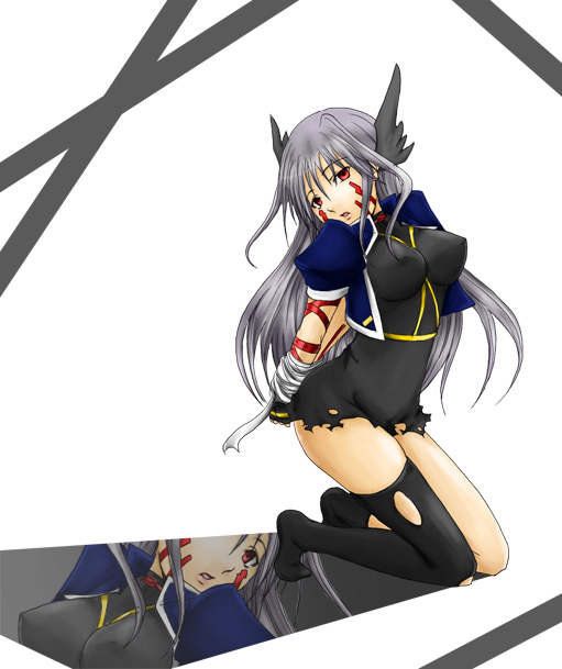 aona (anagasaki), reinforce, lyrical nanoha, mahou shoujo lyrical nanoha, mahou shoujo lyrical nanoha a's, silver hair, bad id, bad pixiv id, 00s, 1girl, arm belt, asymmetrical clothes, asymmetrical legwear, bdsm, bondage, bound, facial mark, female focus, fingerless gloves, gloves, head wings, jacket, long hair, magical girl, open clothes, open jacket, open mouth, red eyes, single thighhigh, solo, thighhighs, torn clothes, uneven legwear, winged hair ornament, wings