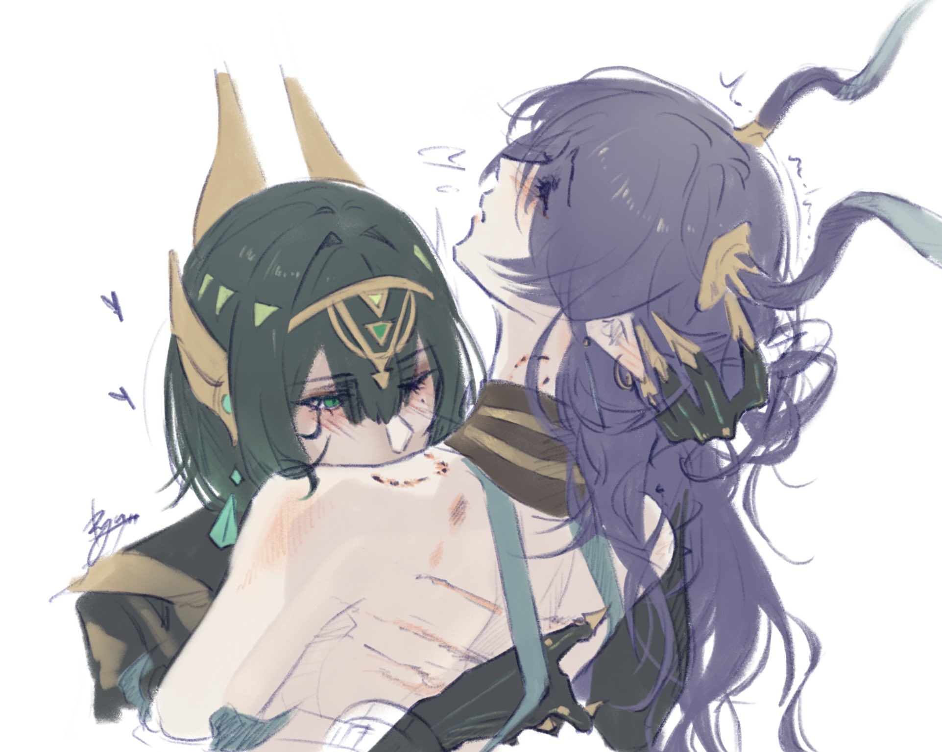 choryu ofteyvat, lauma (genshin impact), nefer (genshin impact), genshin impact, commentary, hashtag-only commentary, highres, 2girls, backless outfit, bare shoulders, bite mark, bite mark on neck, bite mark on shoulder, black gloves, blush, claws, gloves, green eyes, hand on another's back, horns, long hair, mole, mole under eye, multiple girls, one eye closed, purple hair, scratches, simple background, white background, yuri