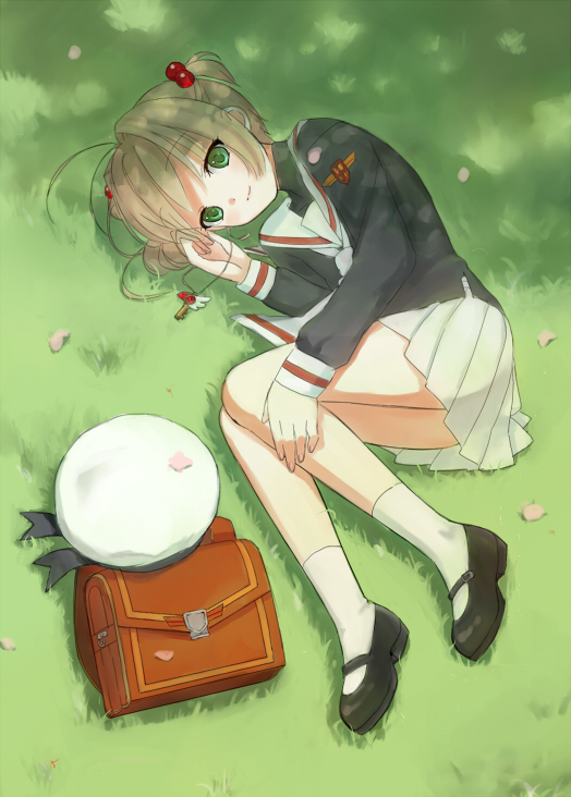 01 0219, kinomoto sakura, cardcaptor sakura, 1990s (style), 1girl, bag, brown hair, child, female focus, full body, grass, green eyes, hair bobbles, hair ornament, hair tie, hat, jewelry, key, looking at viewer, lying, mary janes, miniskirt, necklace, petals, pleated skirt, retro artstyle, school uniform, serafuku, shoes, short hair, skirt, smile, socks, solo, tomoeda middle school uniform