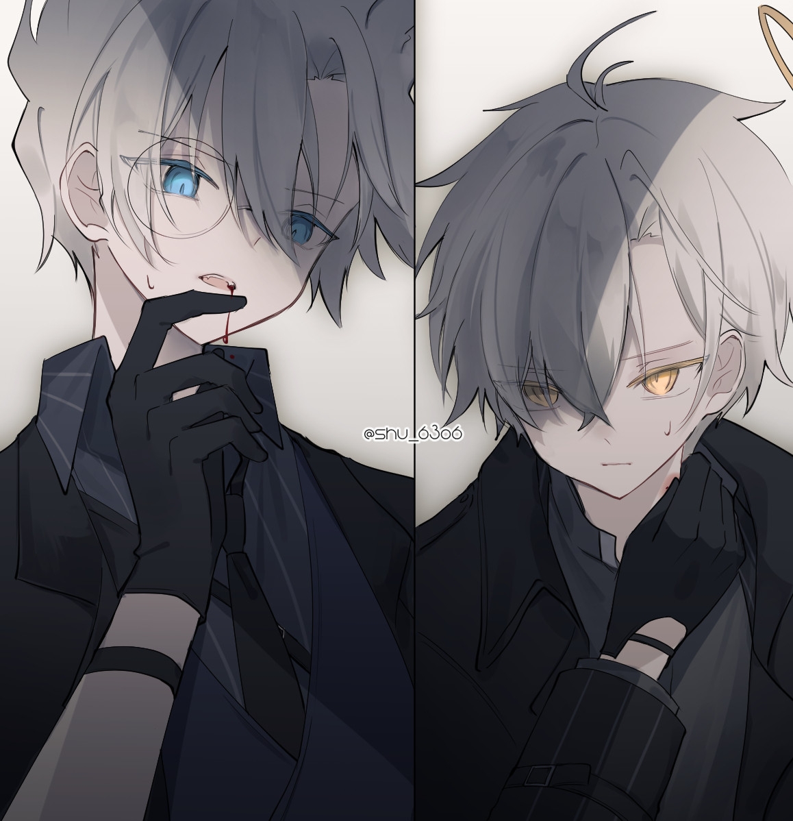 pushu, adnachiel (arknights), adnachiel (traceless walker) (arknights), steward (arknights), steward (snowstorm invitation) (arknights), arknights, commentary, english commentary, 2boys, animal ears, black gloves, black jacket, blood, blood on face, blue eyes, blue vest, closed eyes, collared shirt, fang, fox ears, frown, gloves, gradient background, grey background, grey hair, grey shirt, hickey, jacket, looking at another, male focus, monocle, multiple boys, open mouth, shaded face, shirt, striped clothes, striped shirt, sweat, twitter username, vertical-striped clothes, vertical-striped shirt, vest, yaoi, yellow eyes