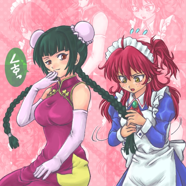 domoge, maria (hayate no gotoku!), nena trinity, wang liu mei, gundam, gundam 00, hayate no gotoku!, translation request, 00s, 2girls, apron, black hair, blush, braid, brown eyes, bun cover, china dress, chinese clothes, cosplay, double bun, dress, elbow gloves, freckles, gloves, grabbing another's hair, hair bun, hat, holding another's hair, long hair, maid, maid apron, maria (hayate no gotoku!) (cosplay), multiple girls, red hair, side ponytail, sweat, twin braids, twintails, yellow eyes, zoom layer