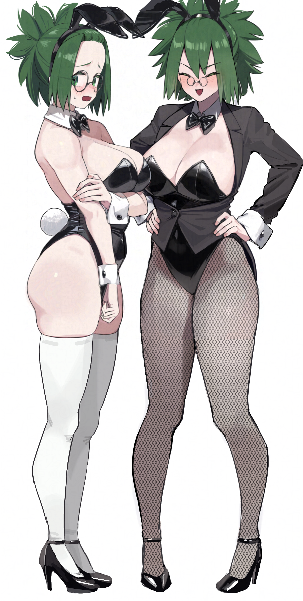 ayatak0517, agari himiko, agari matsuri, komi-san wa komyushou desu, highres, 2girls, alternate costume, animal ear hairband, animal ears, black bow, black bowtie, black leotard, blush, bow, bowtie, breasts, cleavage, detached collar, embarrassed, fake animal ears, fake tail, fishnet pantyhose, fishnets, glasses, green eyes, green hair, hair between eyes, hairband, high heels, highleg, highleg leotard, large breasts, leotard, mother and daughter, multiple girls, nose blush, pantyhose, playboy bunny, rabbit ear hairband, rabbit ears, rabbit tail, round eyewear, simple background, strapless, strapless leotard, tail, thighhighs, white background, white thighhighs, wrist cuffs