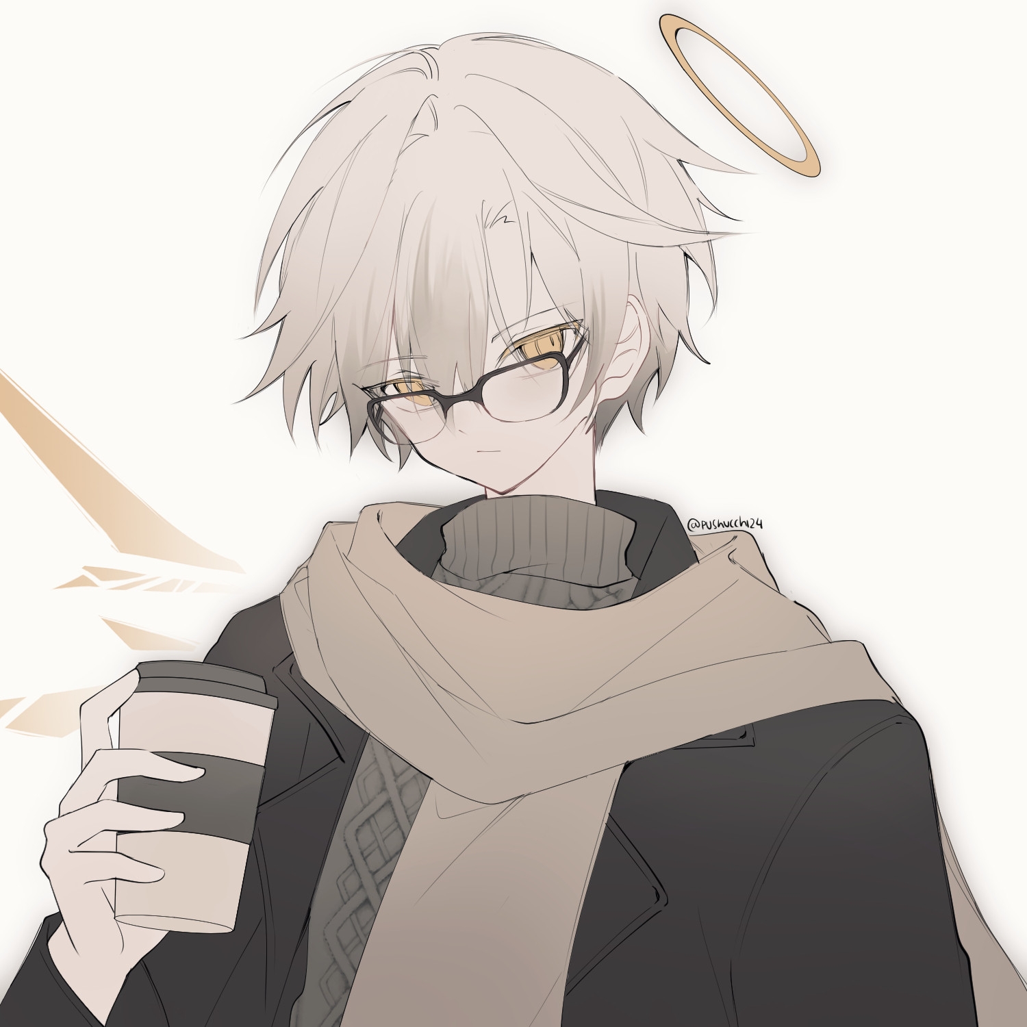 pushu, adnachiel (arknights), arknights, commentary, english commentary, highres, 1boy, bespectacled, blonde hair, brown coat, brown scarf, brown sweater, cable knit, coat, cup, disposable coffee cup, disposable cup, energy, glasses, halo, holding, holding cup, long sleeves, male focus, scarf, short hair, simple background, solo, sweater, tilted halo, traditional halo, twitter username, upper body, white background, yellow eyes
