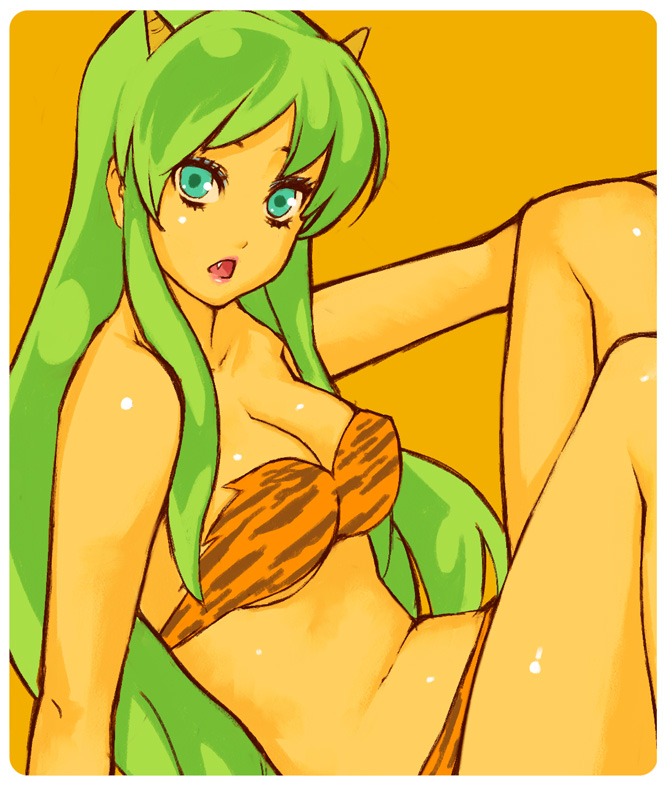 yuuji (and), lum, urusei yatsura, bad id, bad pixiv id, 1girl, :o, animal print, breasts, cleavage, cone horns, fang, female focus, green eyes, green hair, horns, large breasts, long hair, looking at viewer, matching hair/eyes, navel, open mouth, small horns, solo, tiger print, yellow background