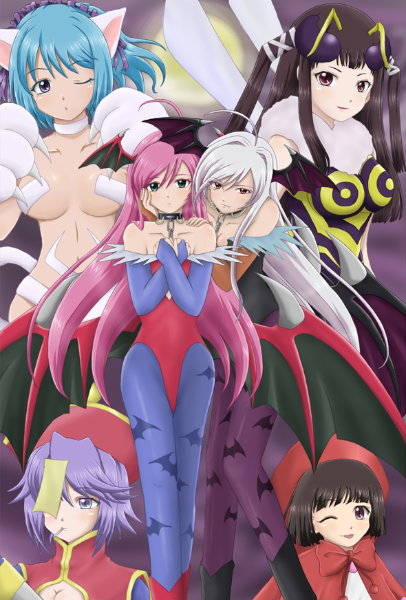 arita mikan, akashiya moka, b.b. hood, felicia, felicia (darkstalkers), hsien-ko, inner moka, kurono kurumu, lilith (darkstalkers), morrigan aensland, q-bee, sendou yukari, shirayuki mizore, toujou ruby, capcom, darkstalkers, rosario+vampire, print legwear, silver hair, >:), 6+girls, :<, :p, ;p, ahoge, animal ears, animal hands, animal print, antennae, b.b. hood (cosplay), bat print, bat wings, black hair, blue eyes, blue hair, blunt bangs, blush, boots, bow, breasts, bridal gauntlets, brown hair, candy, cat ears, cat tail, chain, china dress, chinese clothes, choker, claws, cleavage, cleavage cutout, clothing cutout, collar, cosplay, crossed arms, dress, dual persona, fang, felicia (darkstalkers) (cosplay), flat chest, food, full moon, green eyes, hair ribbon, hairband, hat, head wings, hip focus, hsien-ko (cosplay), insect wings, leotard, lilith (darkstalkers) (cosplay), lollipop, long hair, medium breasts, moon, morrigan aensland (cosplay), mouth hold, multiple girls, naughty face, night, night sky, ofuda, one eye closed, outdoors, pantyhose, paw pose, pink eyes, pun, purple eyes, purple hair, q-bee (cosplay), red eyes, red leotard, ribbon, short hair, sky, smile, standing, tail, tongue, tongue out, twintails, v-shaped eyebrows, very long hair, wide hips, wings, wink