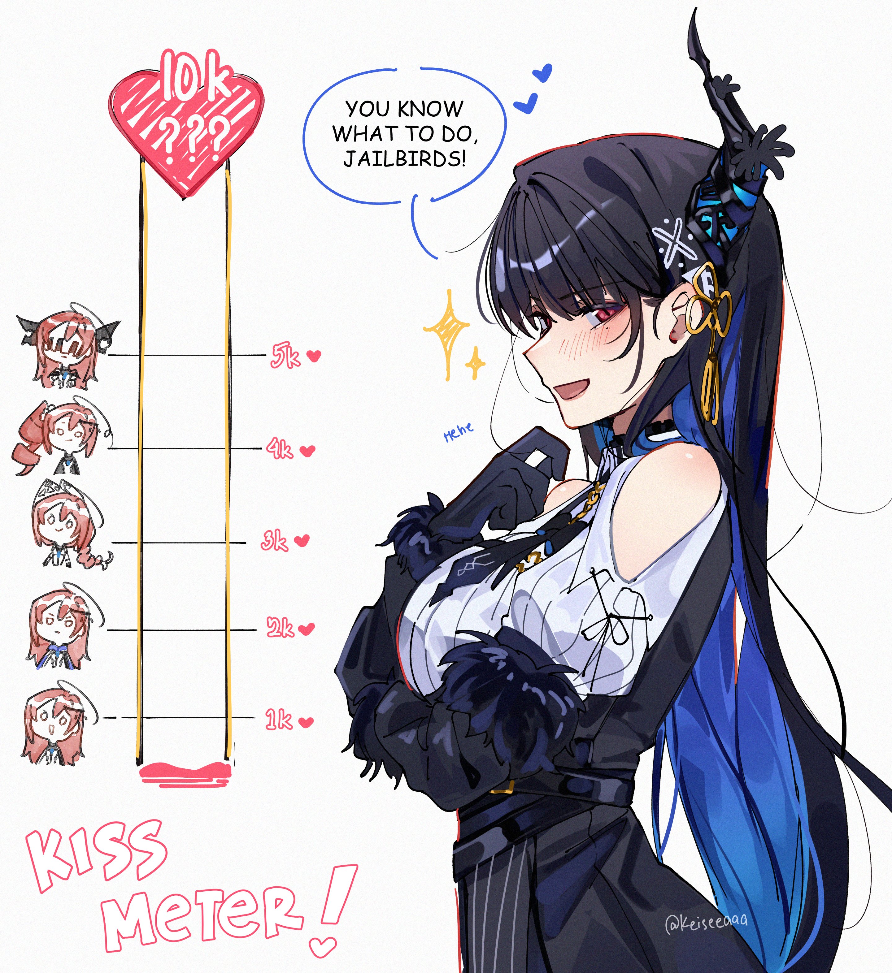 keisea, elizabeth rose bloodflame, nerissa ravencroft, hololive, hololive english, absurdres, commentary, english commentary, highres, 2girls, black gloves, black hair, black skirt, blue hair, blush, closed mouth, clothing cutout, colored inner hair, english text, gloves, heart, horns, kiss meter (meme), long hair, meme, mole, mole under eye, multicolored hair, multiple girls, open mouth, red eyes, red hair, shirt, shoulder cutout, side ponytail, simple background, single horn, skirt, smile, sparkle, speech bubble, white background, white shirt