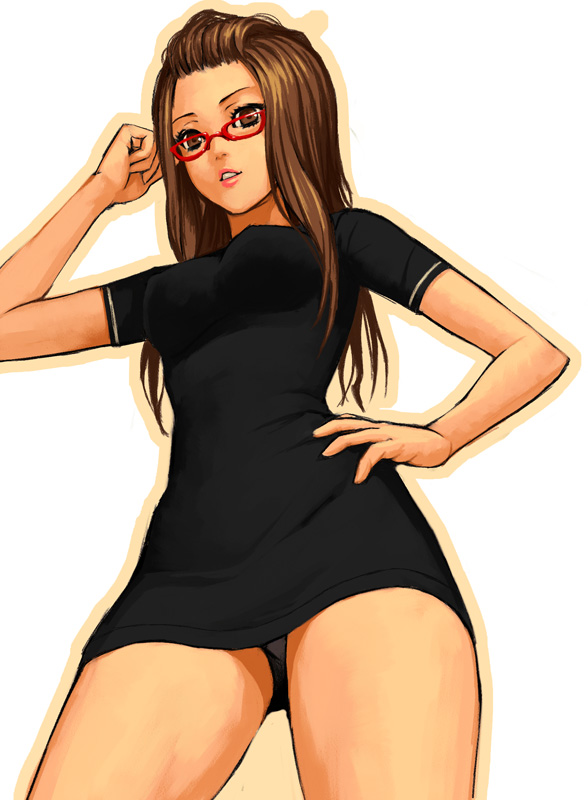 yuuji (and), original, bad id, bad pixiv id, 1girl, black panties, brown eyes, brown hair, female focus, forehead, from below, glasses, lipstick, makeup, panties, pantyshot, solo, underwear, upskirt, white panties