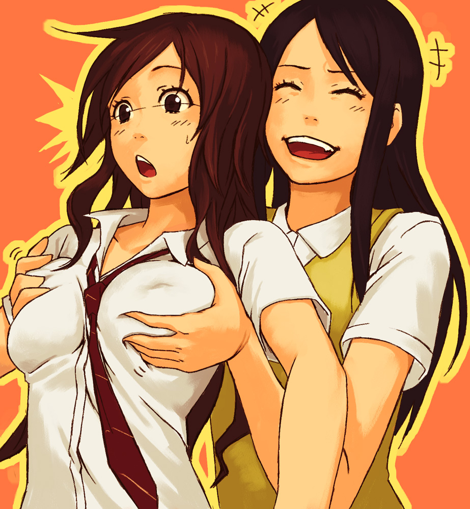 yuuji (and), bad id, bad pixiv id, 2girls, breasts, brown eyes, brown hair, grabbing another's breast, groping, large breasts, multiple girls, surprised, yuri