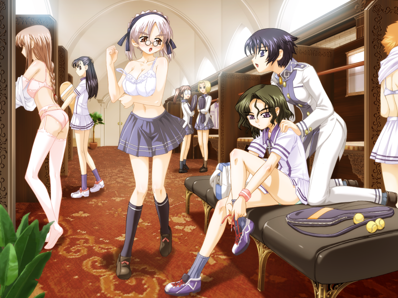 koume keito, anri anriette, chloe witherspoon, helena burliuka, sapphism no gensou, white legwear, game cg, 6+girls, ass, ball, bench, black socks, blue eyes, blush, bra, braid, breasts, carpet, clothes hanger, dressing, female focus, garter belt, glasses, indoors, kneehighs, large breasts, legs, lingerie, locker, locker room, multiple girls, no shirt, panties, plant, purple hair, racket, school uniform, shoes, short hair, single braid, sitting, sneakers, socks, standing, tennis ball, tennis racket, thighhighs, underwear, underwear only, undressing, wavy hair, white hair